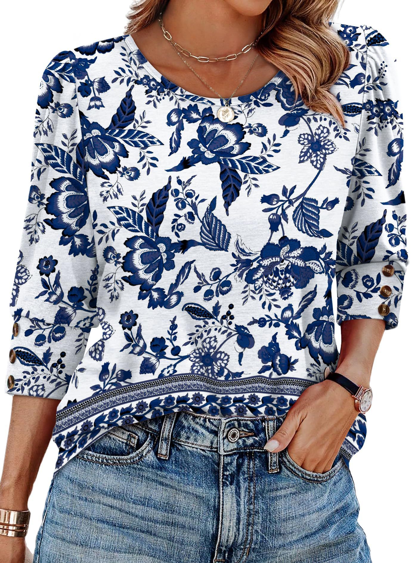 Women's Printed Elegant 34 Sleeves Round Neck T-shirt With Buttons