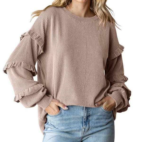 Women's Lantern Sleeve Round Neck Lace Sleeve Top