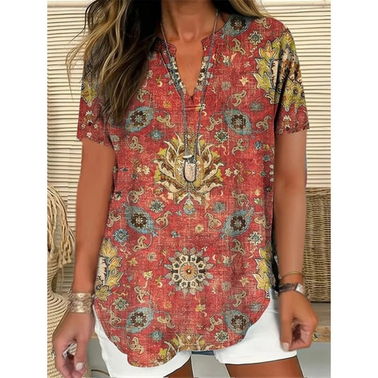 3D Printed Women's Spring And Summer Loose V-neck Short Sleeve Top