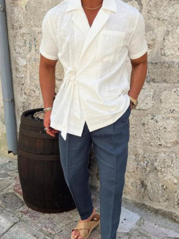 Men's solid color suit lace lace short -sleeved shirt
