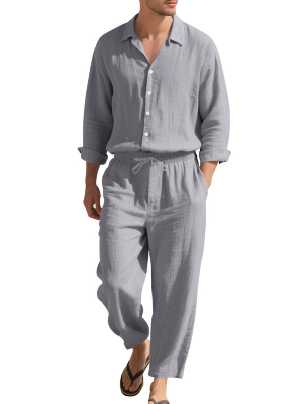 Linen men's casual loose beach sunscreen long-sleeved shirt and trousers set