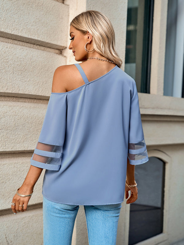Women's elegant solid color metal buckle one-shoulder blouse