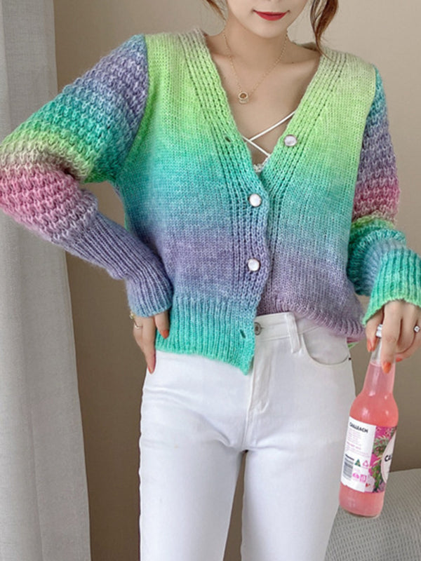 Rainbow Gradient Color Sweater Loose Lazy Long-sleeved V-neck Knit Cardigan