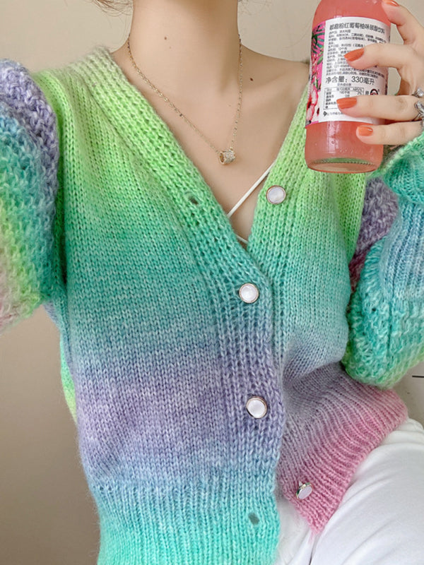 Rainbow Gradient Color Sweater Loose Lazy Long-sleeved V-neck Knit Cardigan