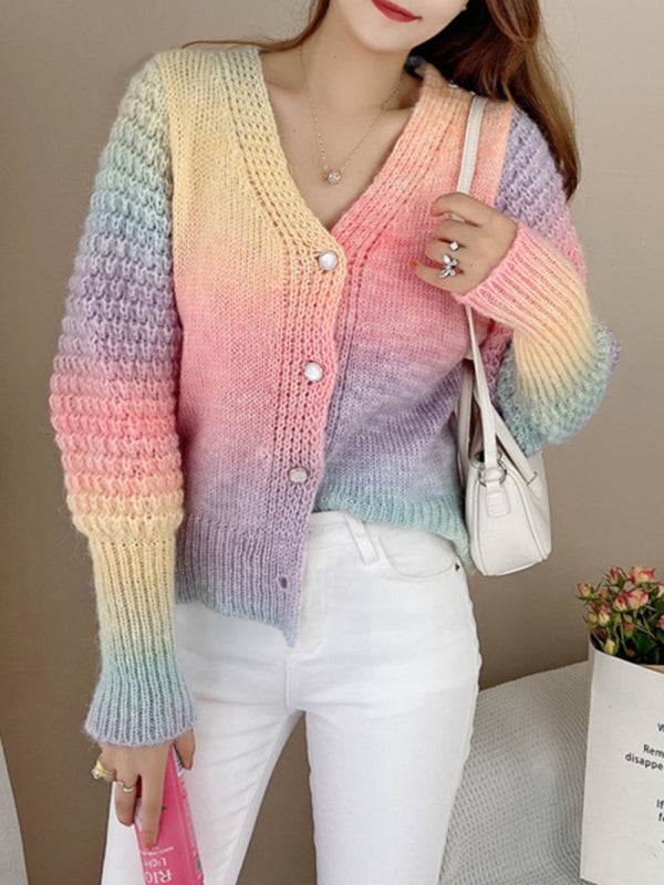 Rainbow Gradient Color Sweater Loose Lazy Long-sleeved V-neck Knit Cardigan
