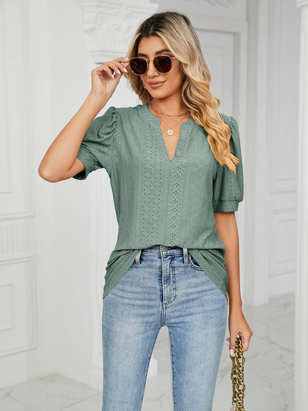 Women's knitted casual V-neck solid color hollow puff sleeve loose T-shirt