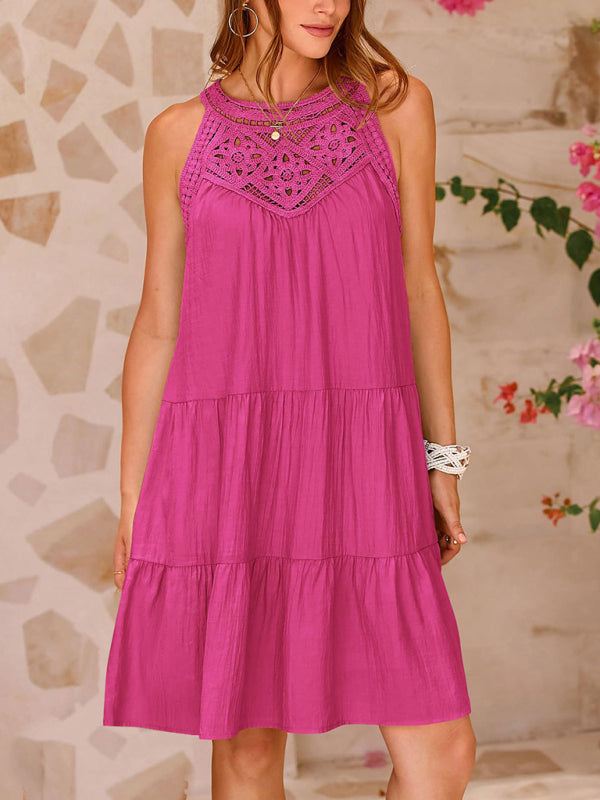 Women's new style hollow lace stitching halter neck vest dress