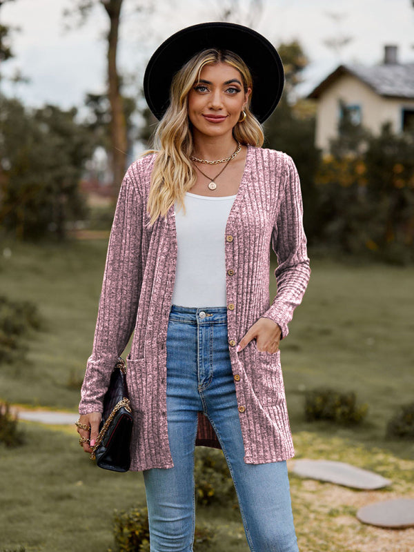 Brushed pitted solid color long-sleeved ladies cardigan