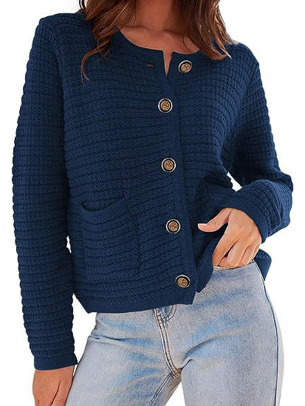 New round neck knitted commuter retro autumn casual cardigan long sleeve women's clothing