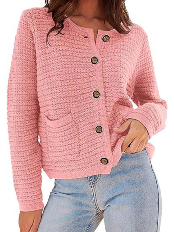 New round neck knitted commuter retro autumn casual cardigan long sleeve women's clothing