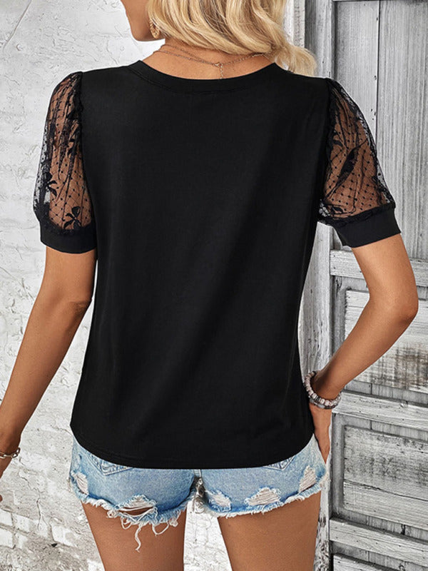 Women's V leader lace patchwork T-shirt
