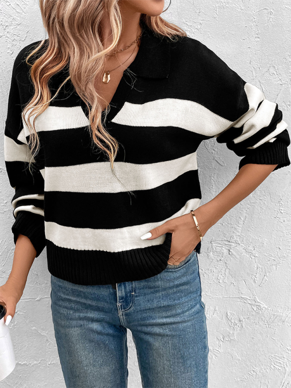 New women's loose tops black and white striped lapel sweaters