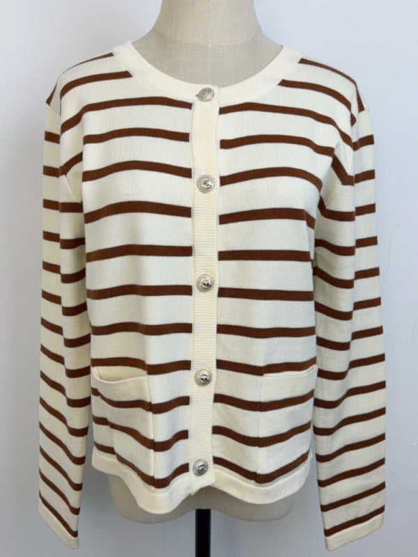 New round neck gold button cardigan sweater color striped knitted outerwear top