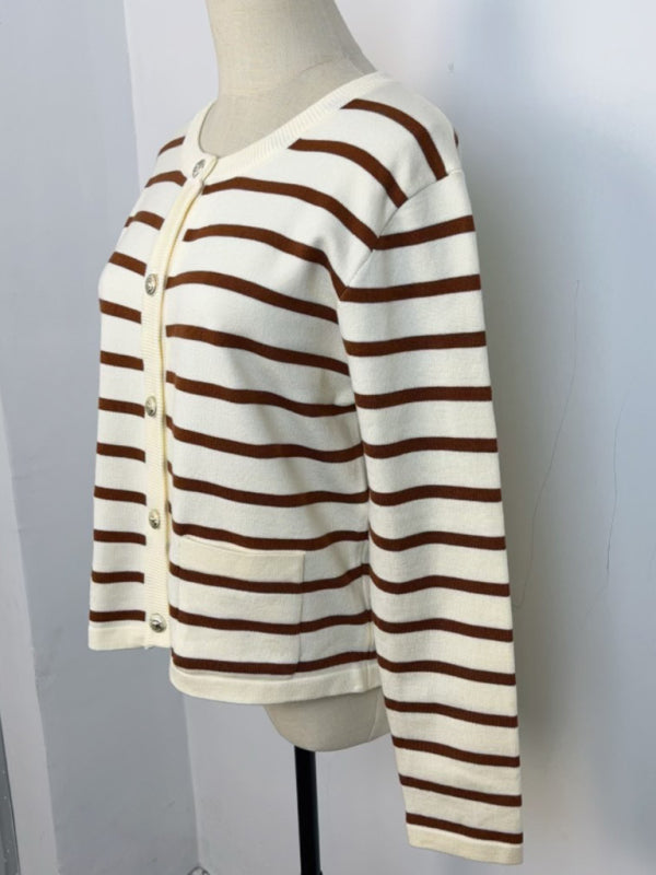 New round neck gold button cardigan sweater color striped knitted outerwear top