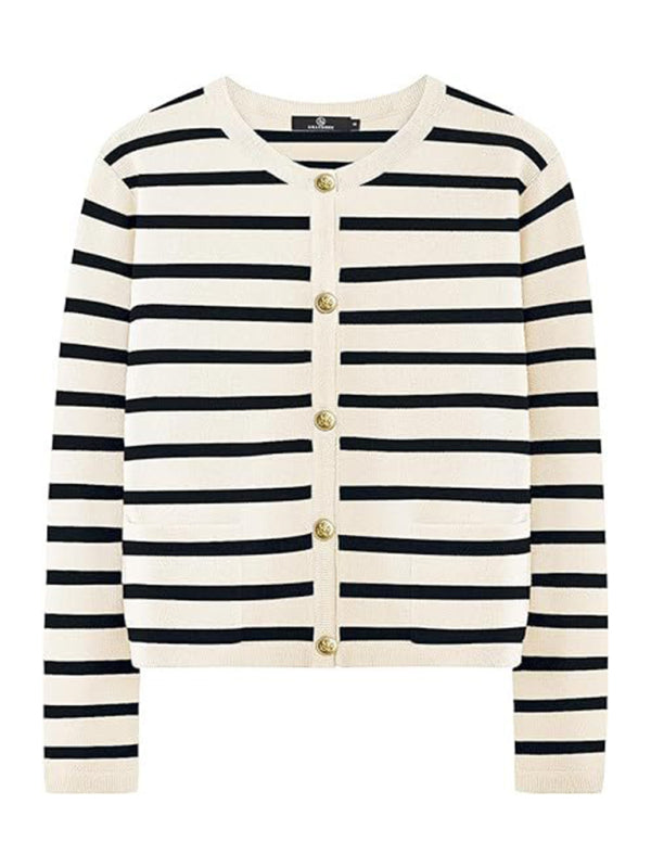 New round neck gold button cardigan sweater color striped knitted outerwear top