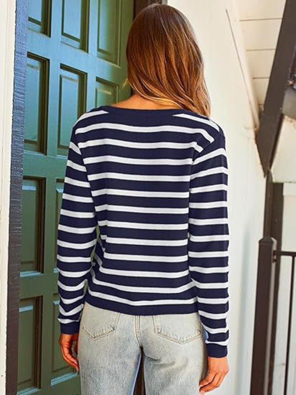 New round neck gold button cardigan sweater color striped knitted outerwear top