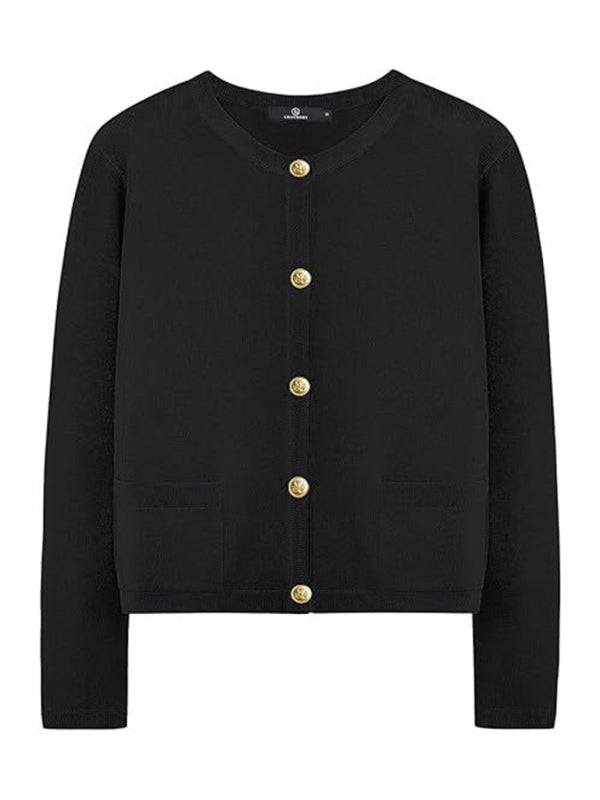 New round neck gold button cardigan sweater color striped knitted outerwear top