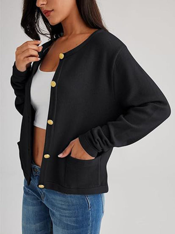 New round neck gold button cardigan sweater color striped knitted outerwear top