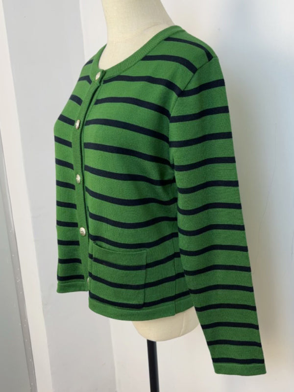 New round neck gold button cardigan sweater color striped knitted outerwear top