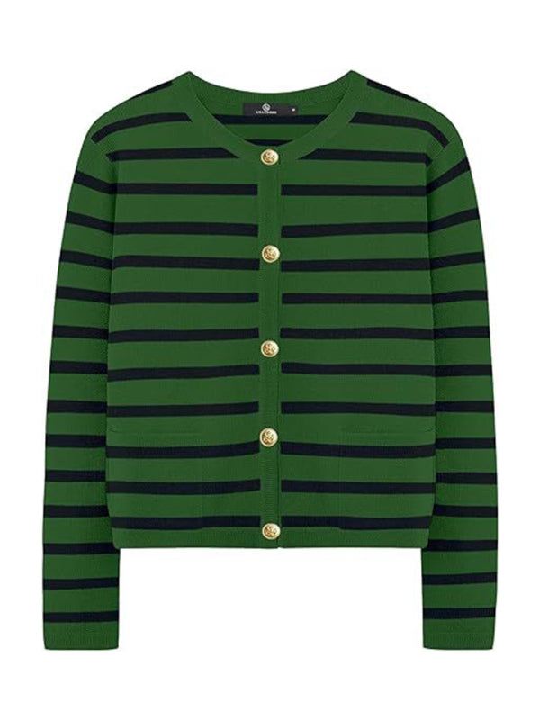 New round neck gold button cardigan sweater color striped knitted outerwear top