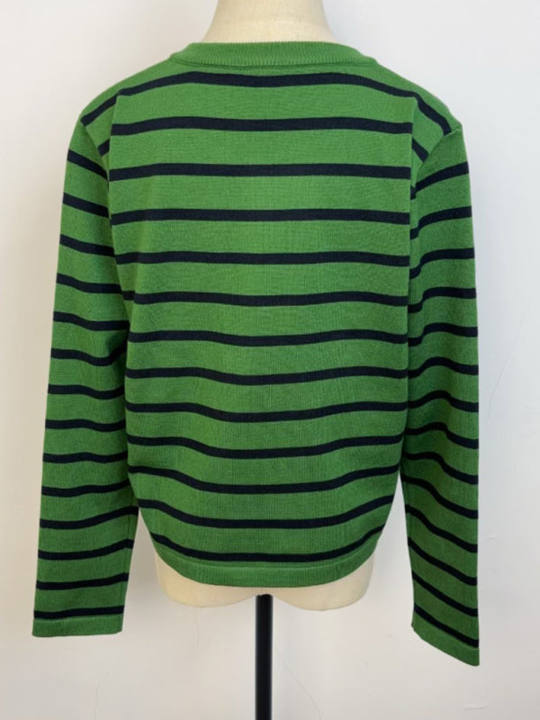 New round neck gold button cardigan sweater color striped knitted outerwear top