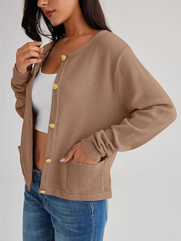 New round neck gold button cardigan sweater color striped knitted outerwear top