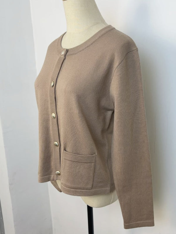 New round neck gold button cardigan sweater color striped knitted outerwear top