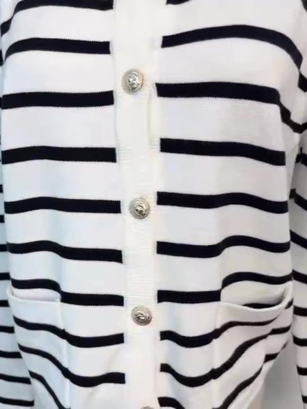 New round neck gold button cardigan sweater color striped knitted outerwear top