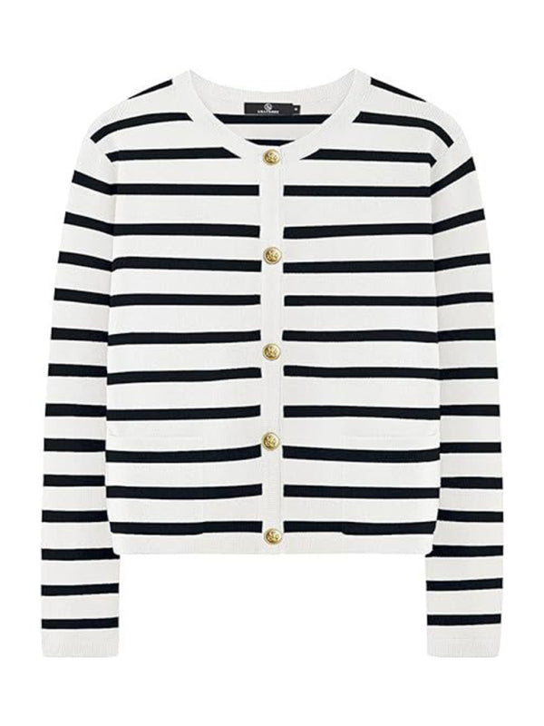 New round neck gold button cardigan sweater color striped knitted outerwear top