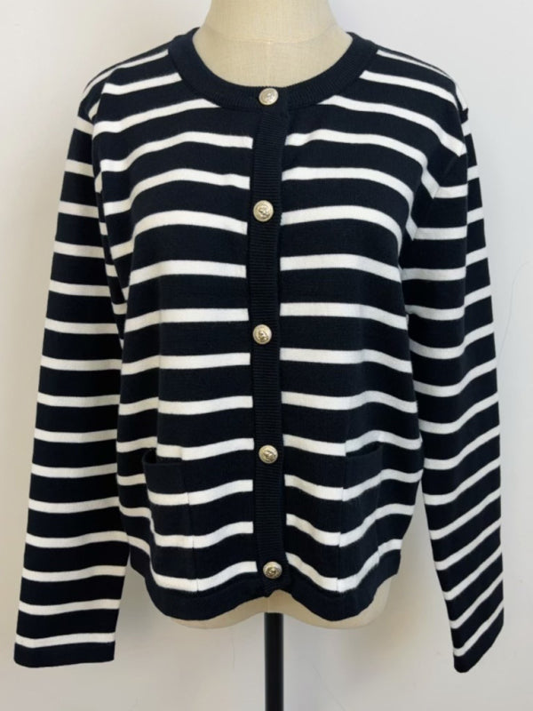 New round neck gold button cardigan sweater color striped knitted outerwear top