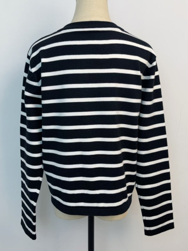 New round neck gold button cardigan sweater color striped knitted outerwear top
