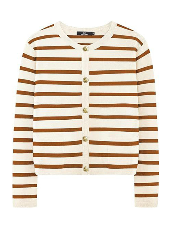 New round neck gold button cardigan sweater color striped knitted outerwear top