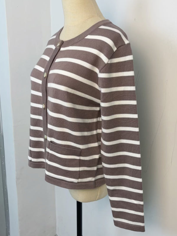 New round neck gold button cardigan sweater color striped knitted outerwear top