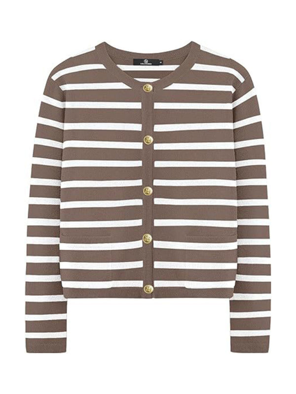 New round neck gold button cardigan sweater color striped knitted outerwear top