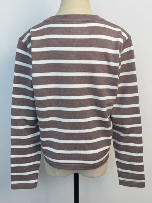 New round neck gold button cardigan sweater color striped knitted outerwear top