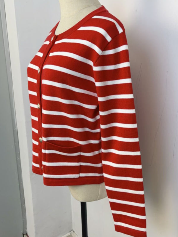 New round neck gold button cardigan sweater color striped knitted outerwear top