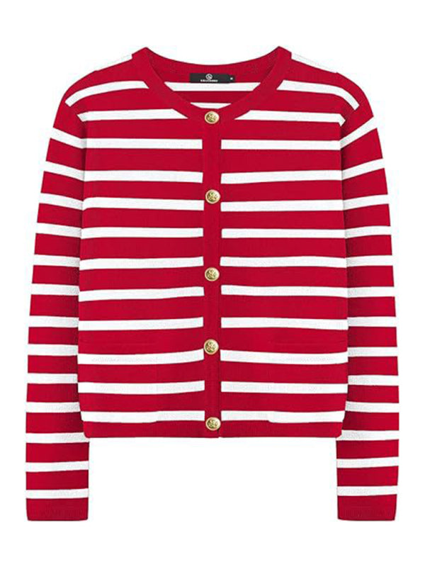 New round neck gold button cardigan sweater color striped knitted outerwear top