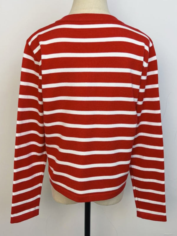 New round neck gold button cardigan sweater color striped knitted outerwear top