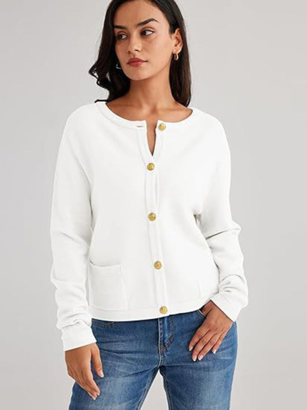 New round neck gold button cardigan sweater color striped knitted outerwear top