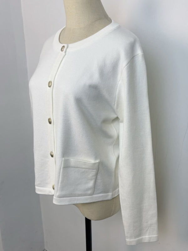 New round neck gold button cardigan sweater color striped knitted outerwear top
