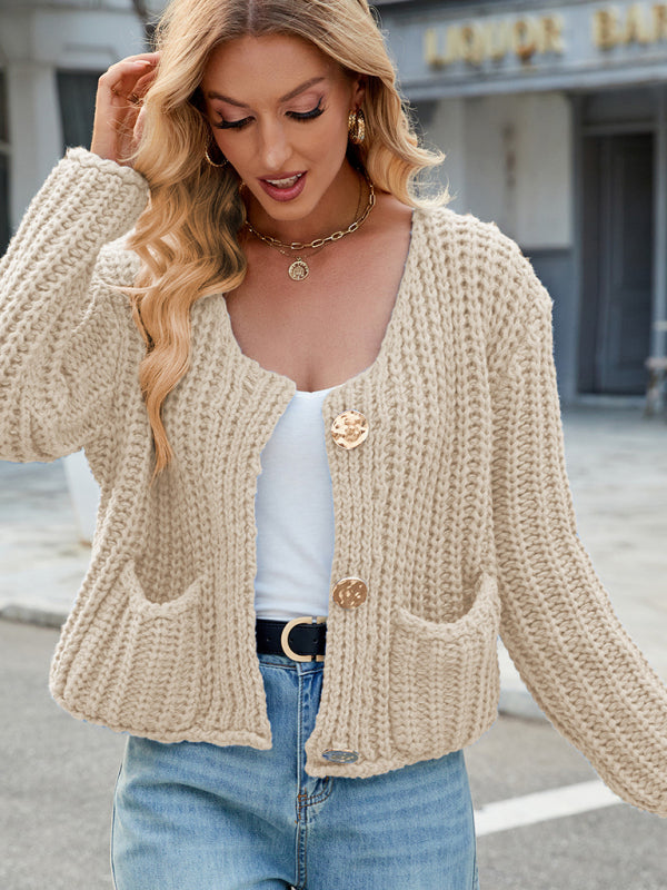 New solid color thick needle sweater jacket loose soft lazy style knitted cardigan