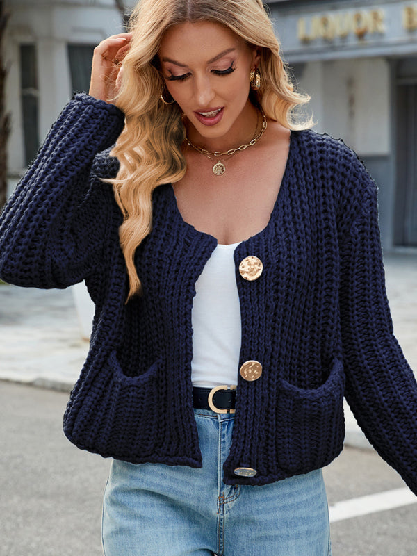 New solid color thick needle sweater jacket loose soft lazy style knitted cardigan