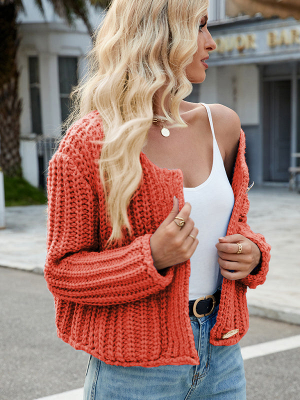 New solid color thick needle sweater jacket loose soft lazy style knitted cardigan