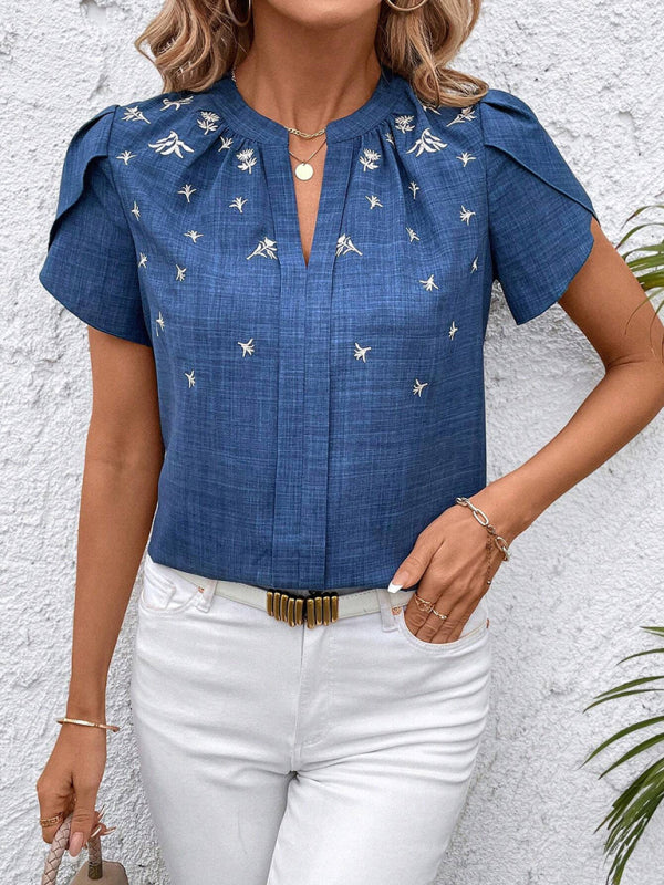 Half-open collar short-sleeved shoulder wrinkled pullover solid color printed shirt