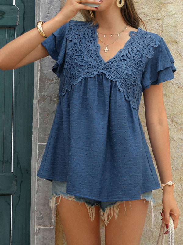 Casual loose holiday style jacquard polka dot v-neck short-sleeved top