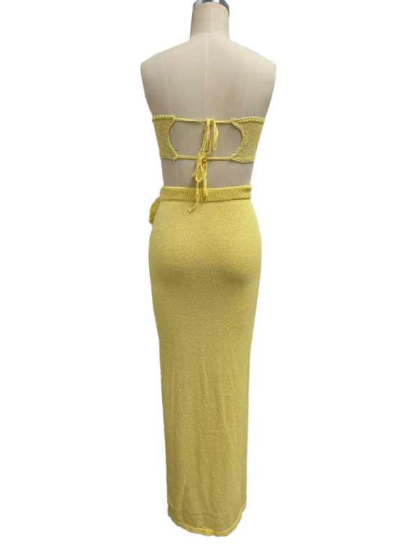 Strapless knitted hollow flower high waist skirt set