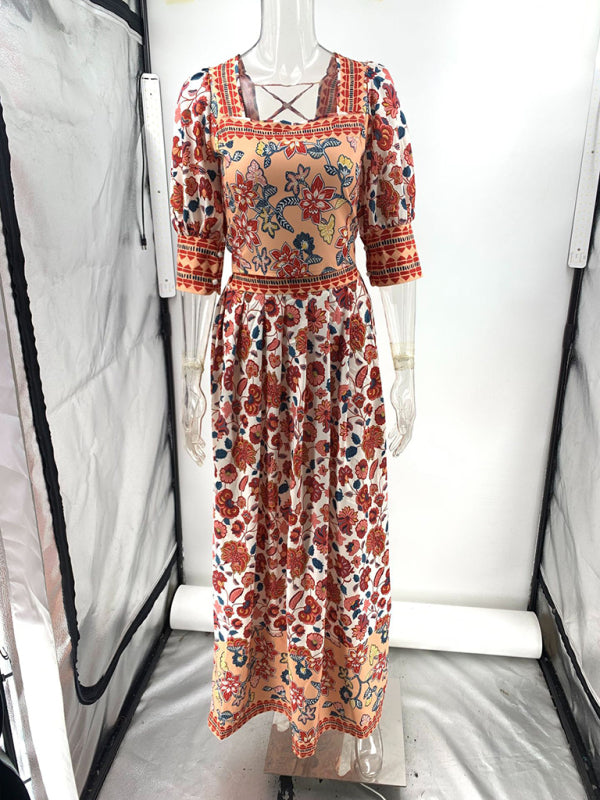 Casual Print Top Square Neck Skirt Two-Piece Set