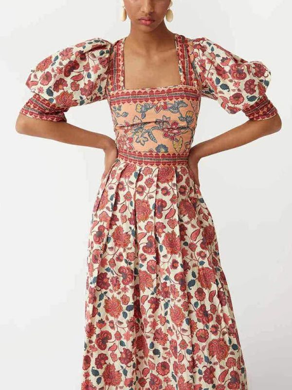 Casual Print Top Square Neck Skirt Two-Piece Set