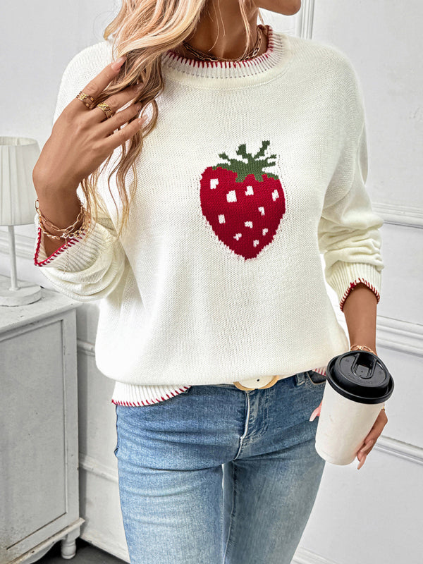 Strawberry Jacquard Sweater Crew Neck Stitched Pullover