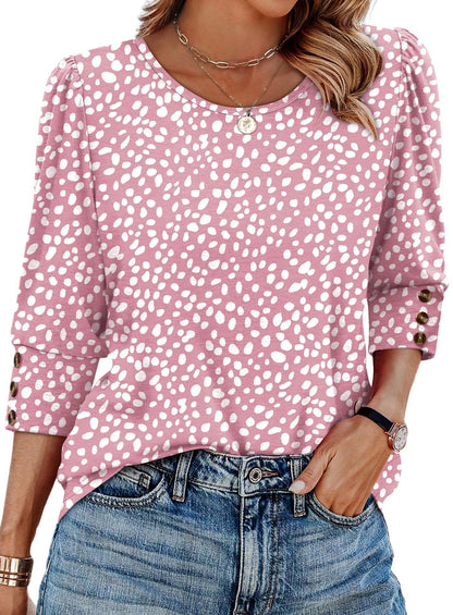 Women's Printed Elegant 34 Sleeves Round Neck T-shirt With Buttons